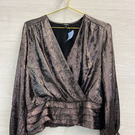 Express Metallic Grey Long Sleeve V Neck Top Medium