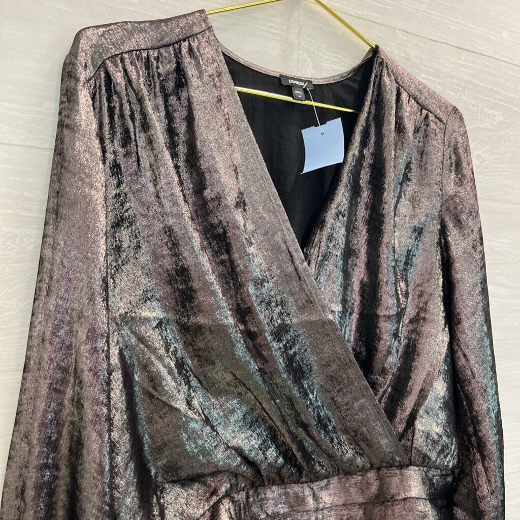 Express Metallic Grey Long Sleeve V Neck Top Medium