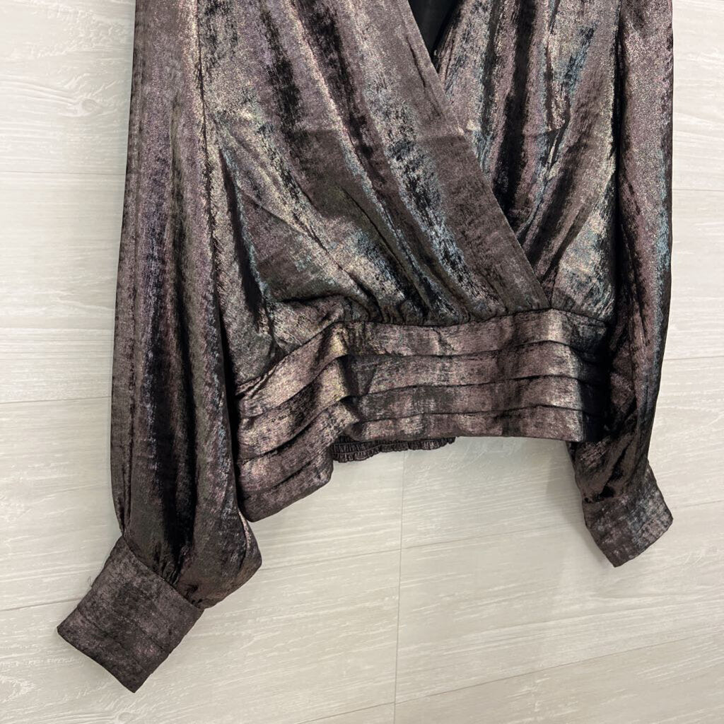 Express Metallic Grey Long Sleeve V Neck Top Medium