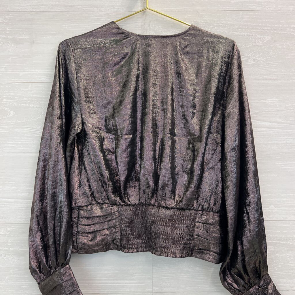 Express Metallic Grey Long Sleeve V Neck Top Medium