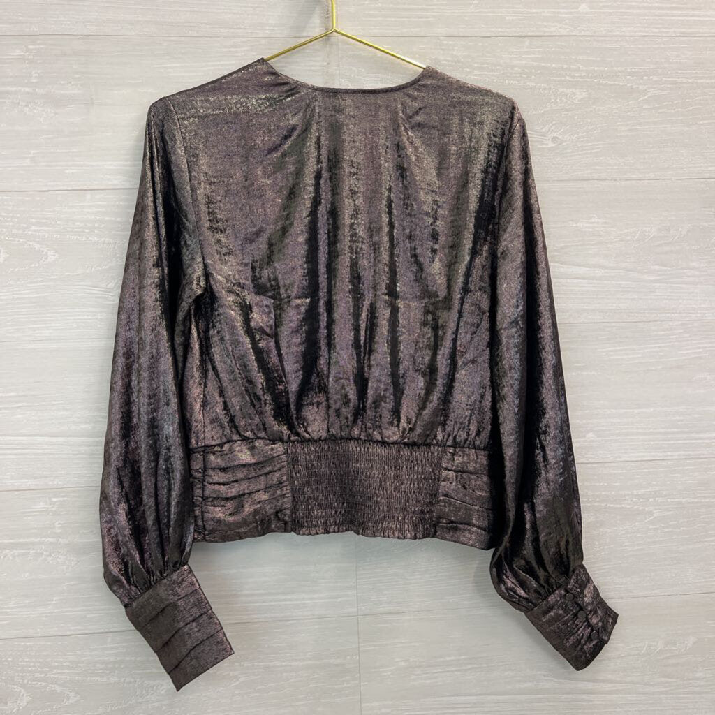 Express Metallic Grey Long Sleeve V Neck Top Medium