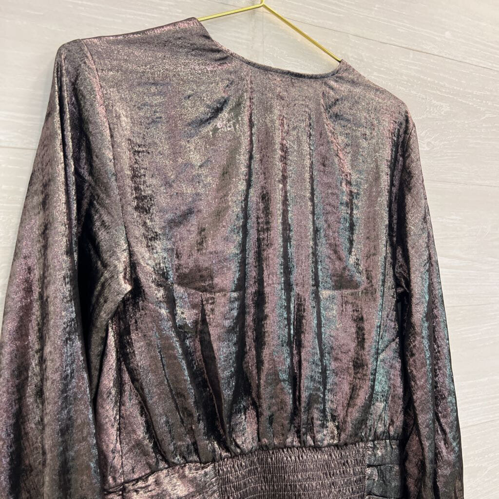 Express Metallic Grey Long Sleeve V Neck Top Medium