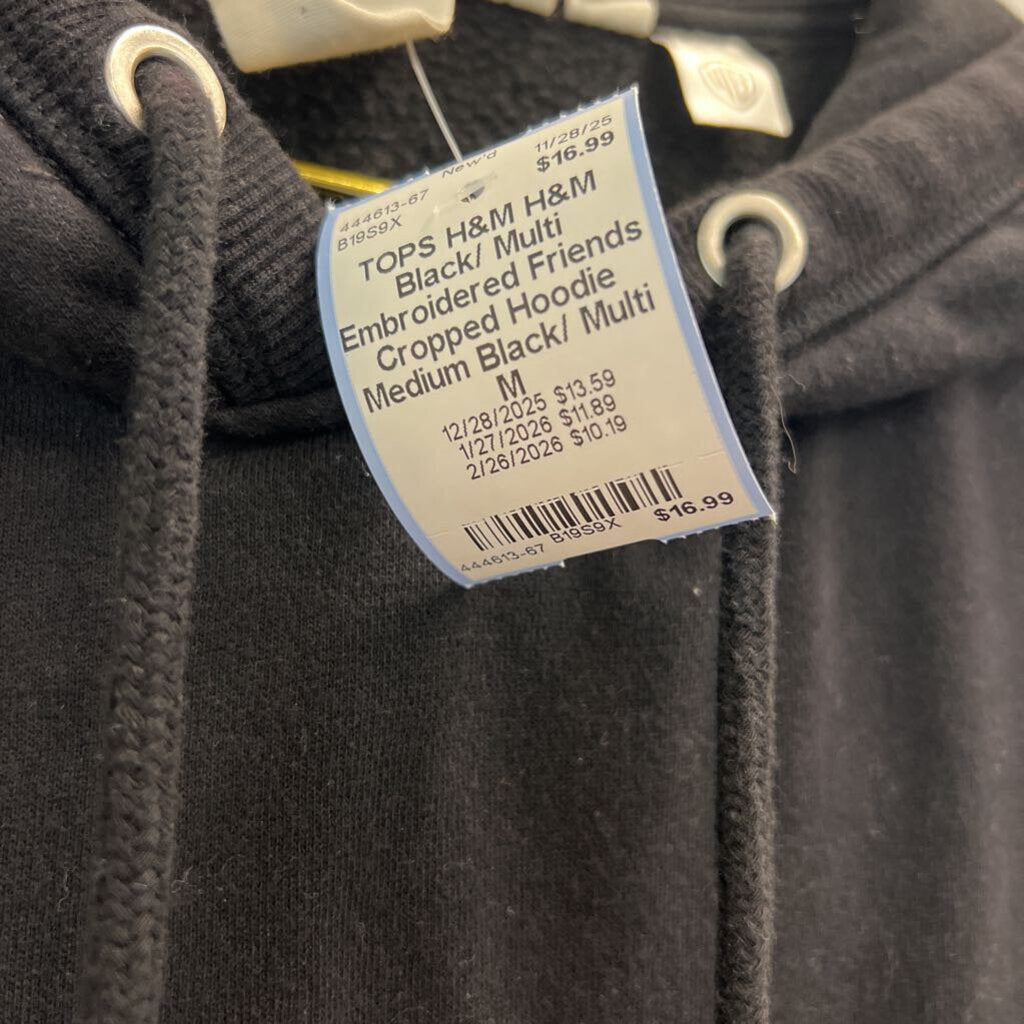 H&M Black/ Multi Embroidered Friends Cropped Hoodie Medium