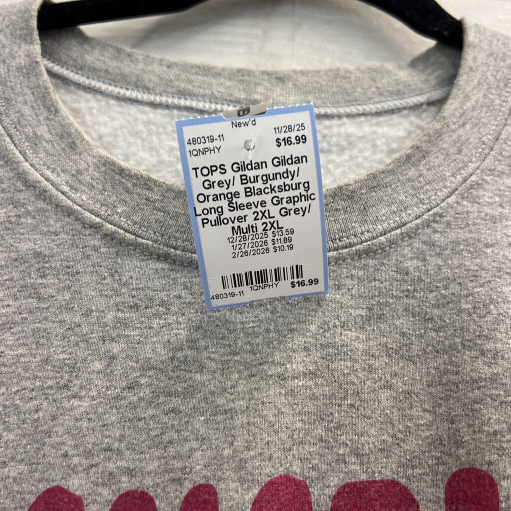 Gildan Grey/ Burgundy/ Orange Blacksburg Long Sleeve Graphic Pullover 2XL