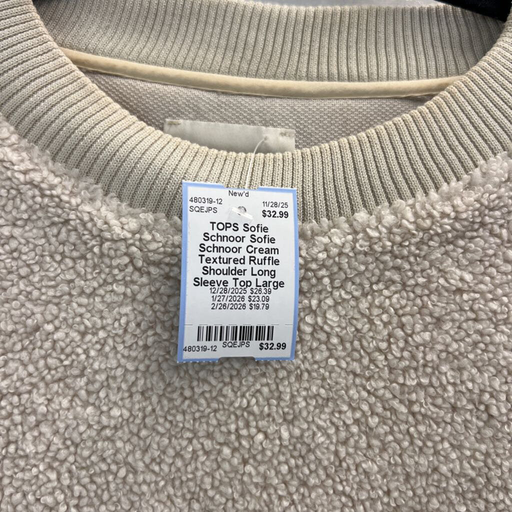 Sofie Schnoor Cream Textured Ruffle Shoulder Long Sleeve Top Large