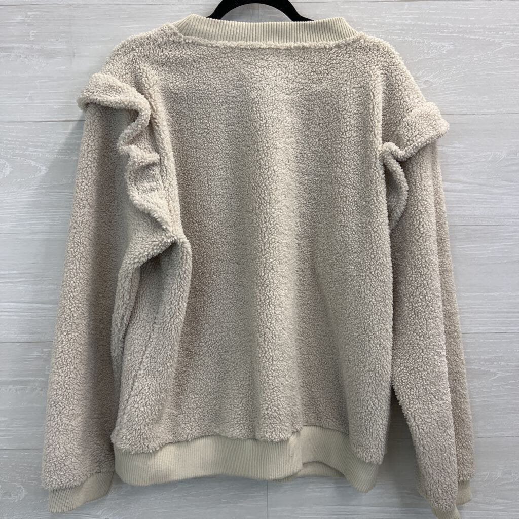 Sofie Schnoor Cream Textured Ruffle Shoulder Long Sleeve Top Large