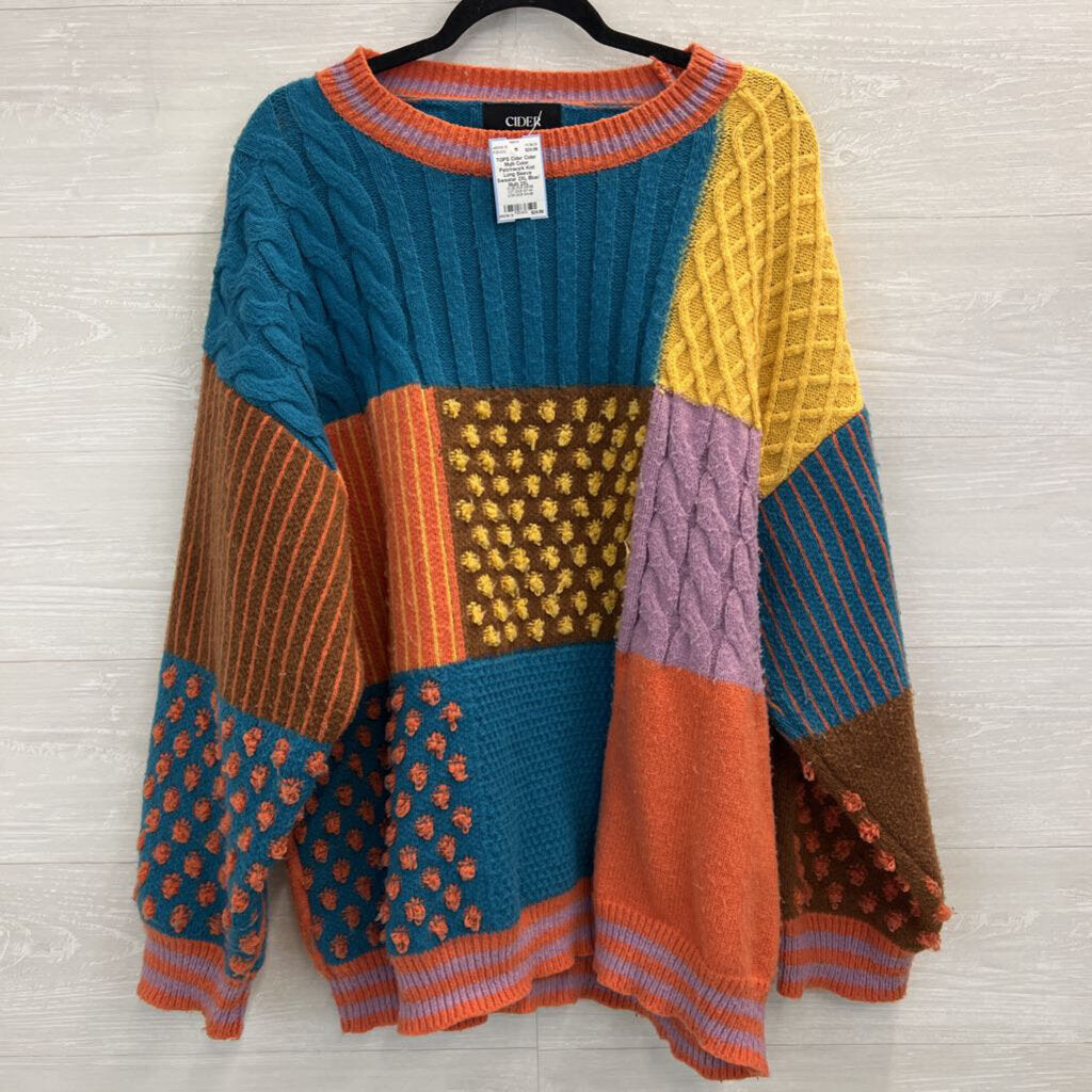 Cider Multi Color Patchwork Knit Long Sleeve Sweater 2XL