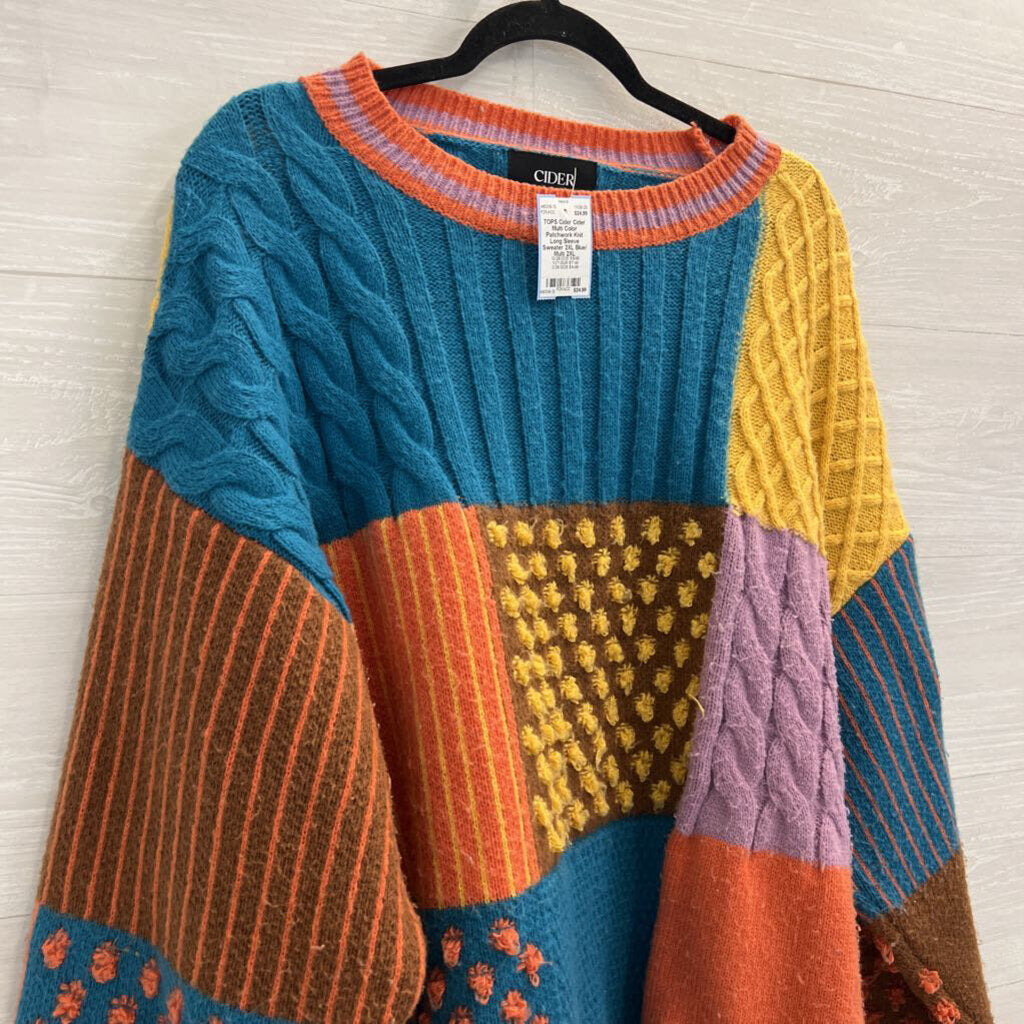 Cider Multi Color Patchwork Knit Long Sleeve Sweater 2XL