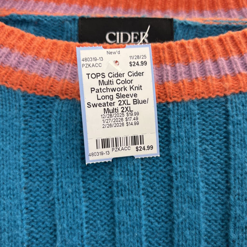 Cider Multi Color Patchwork Knit Long Sleeve Sweater 2XL