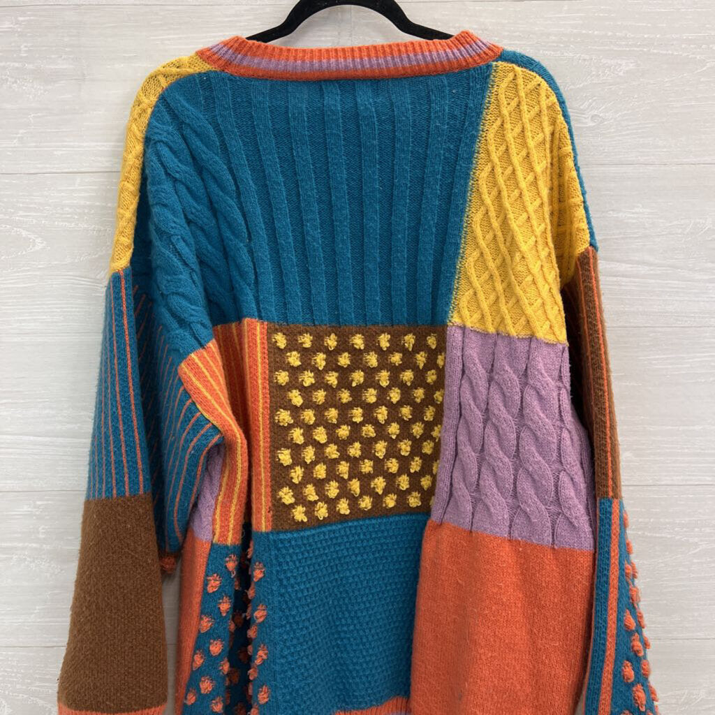 Cider Multi Color Patchwork Knit Long Sleeve Sweater 2XL
