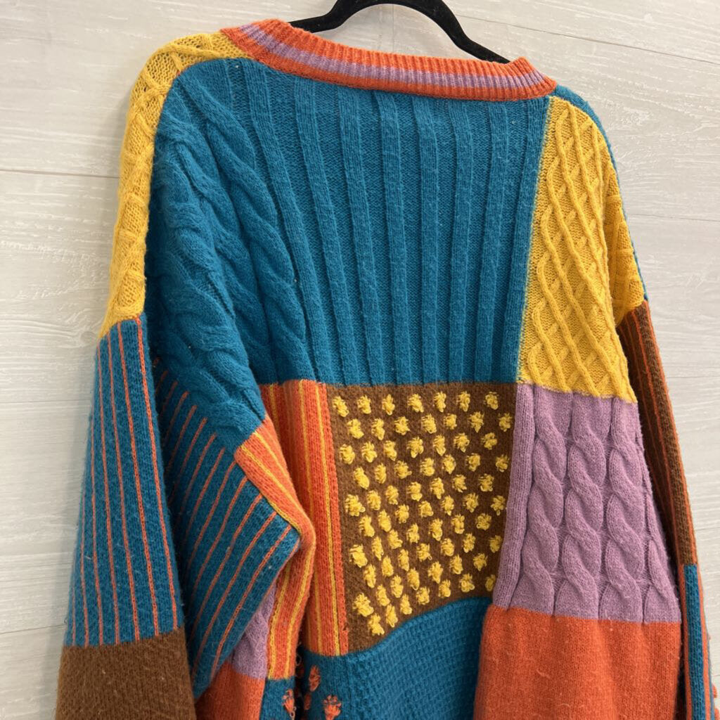 Cider Multi Color Patchwork Knit Long Sleeve Sweater 2XL