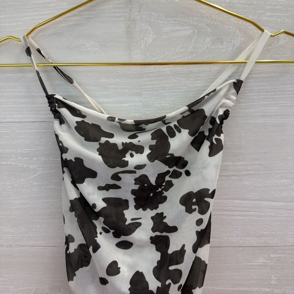 White/ Black Print Lace Up Back Cropped Tank Top Large