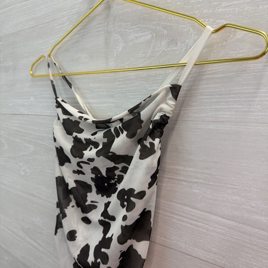 White/ Black Print Lace Up Back Cropped Tank Top Large