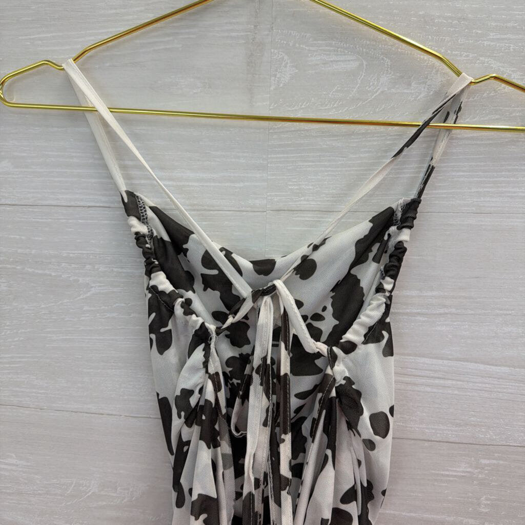 White/ Black Print Lace Up Back Cropped Tank Top Large