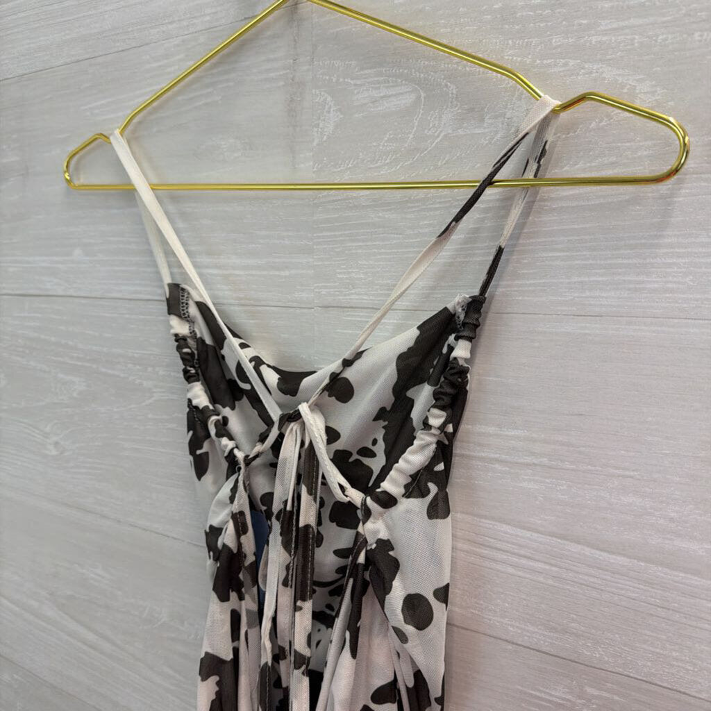 White/ Black Print Lace Up Back Cropped Tank Top Large