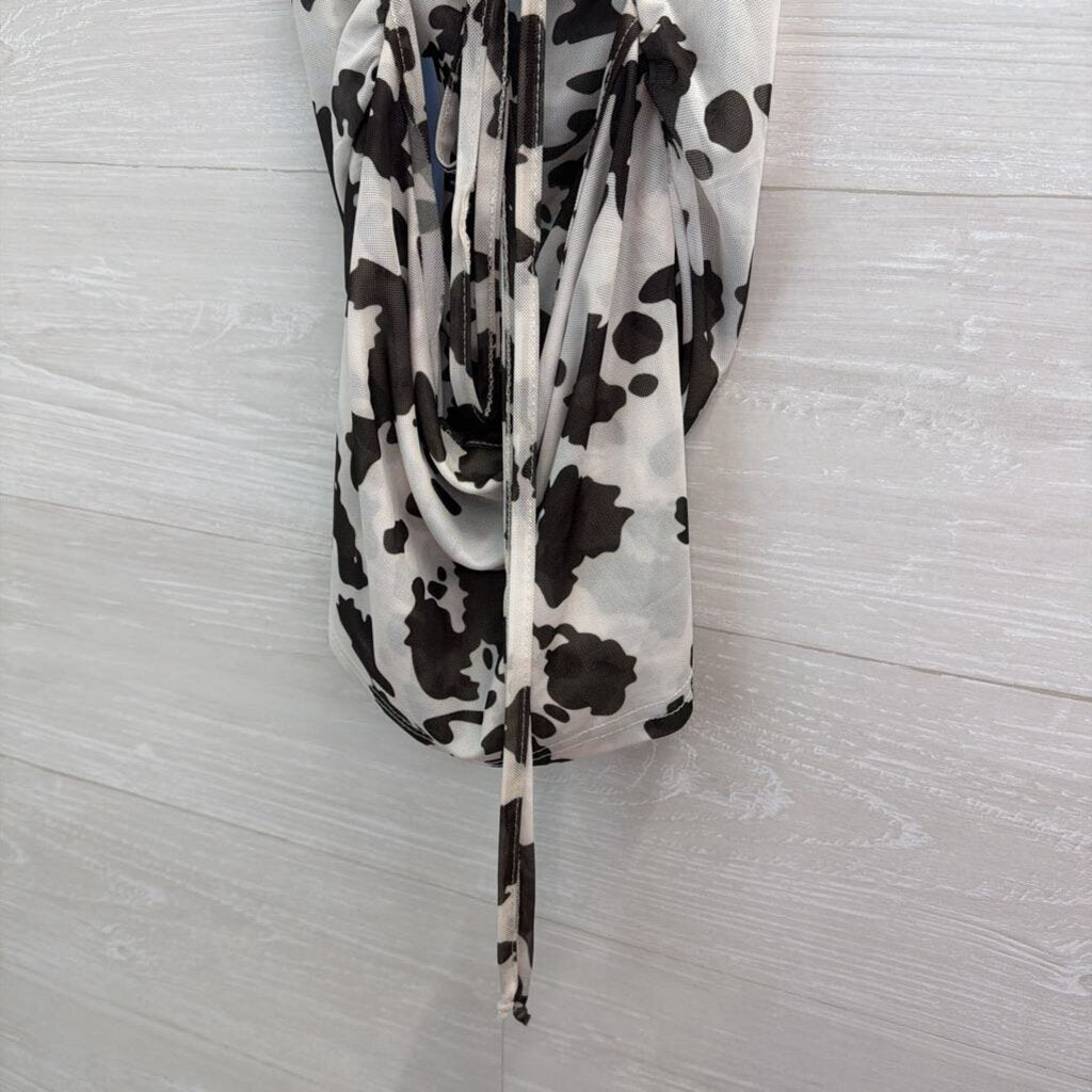 White/ Black Print Lace Up Back Cropped Tank Top Large