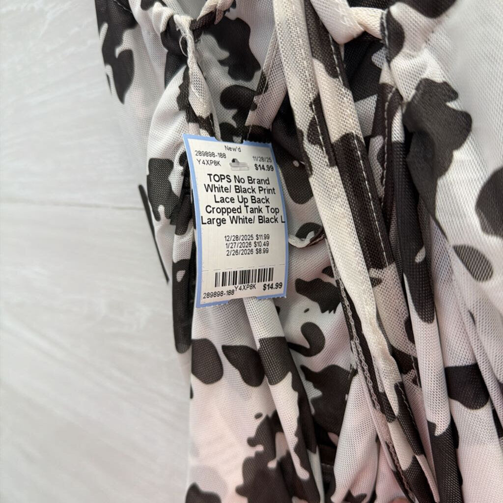 White/ Black Print Lace Up Back Cropped Tank Top Large