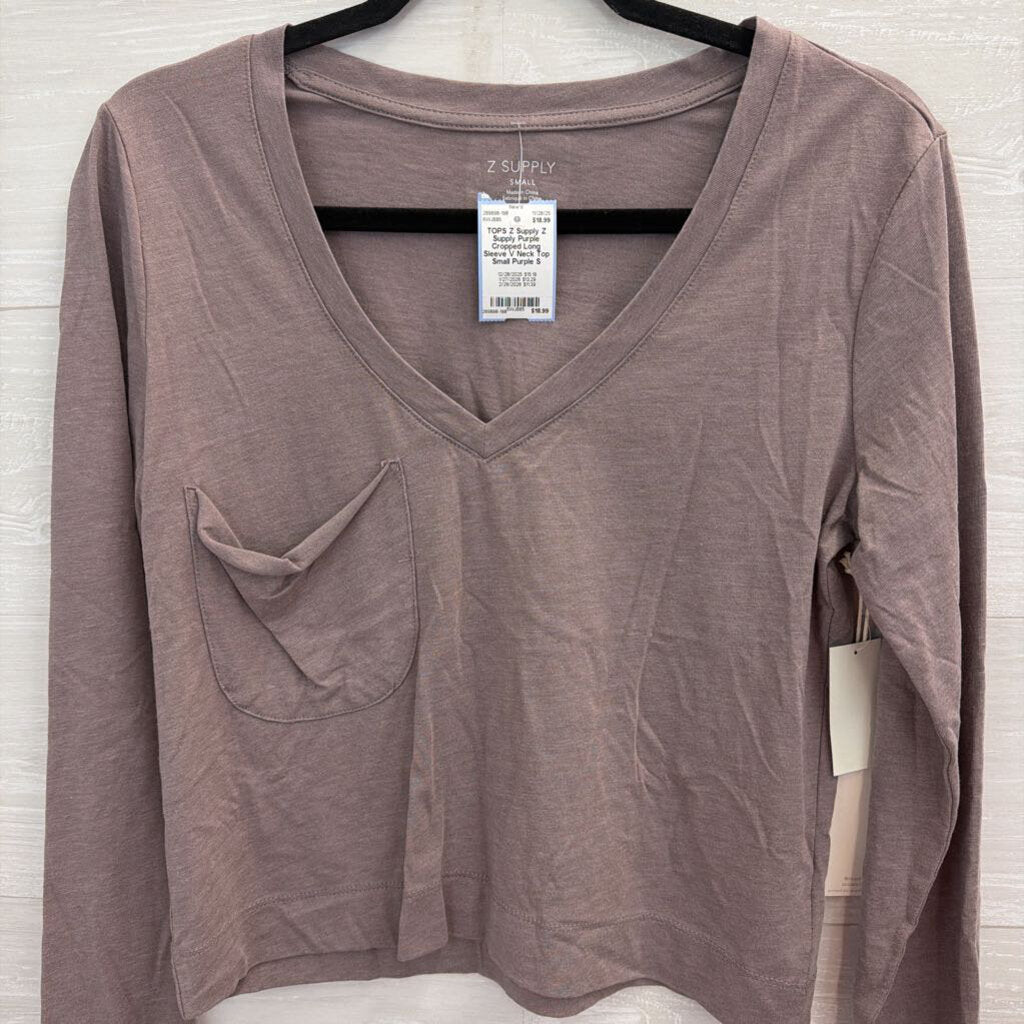 Z Supply Purple Cropped Long Sleeve V Neck Top Small