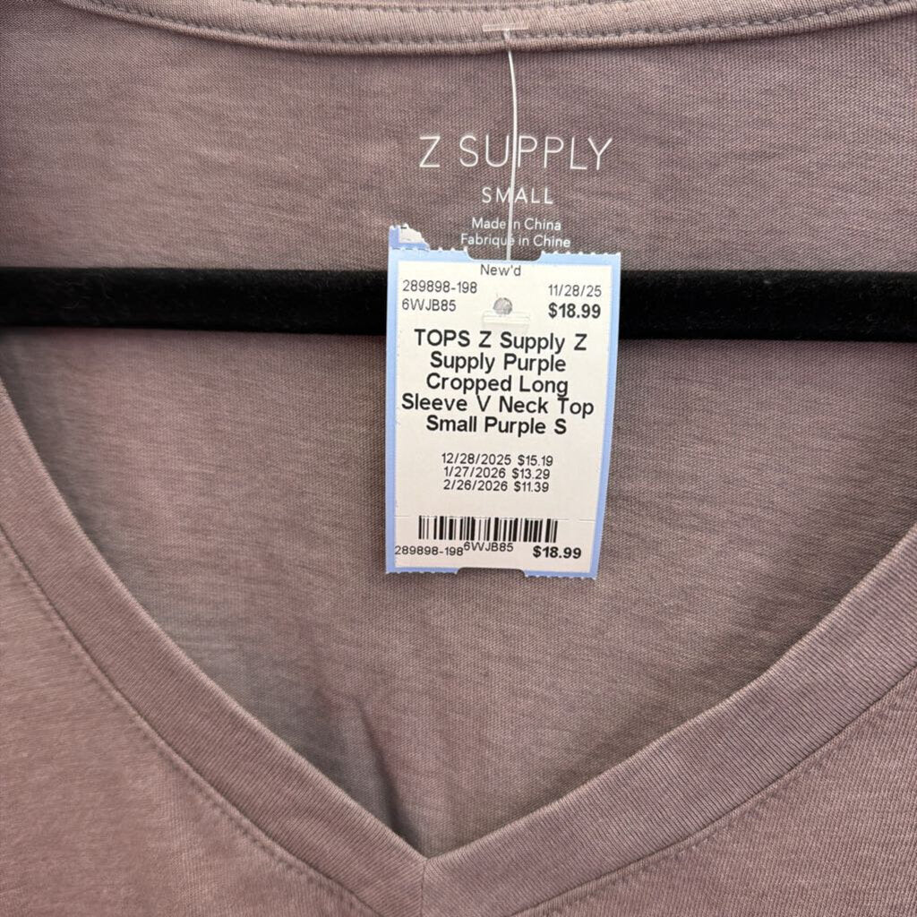 Z Supply Purple Cropped Long Sleeve V Neck Top Small