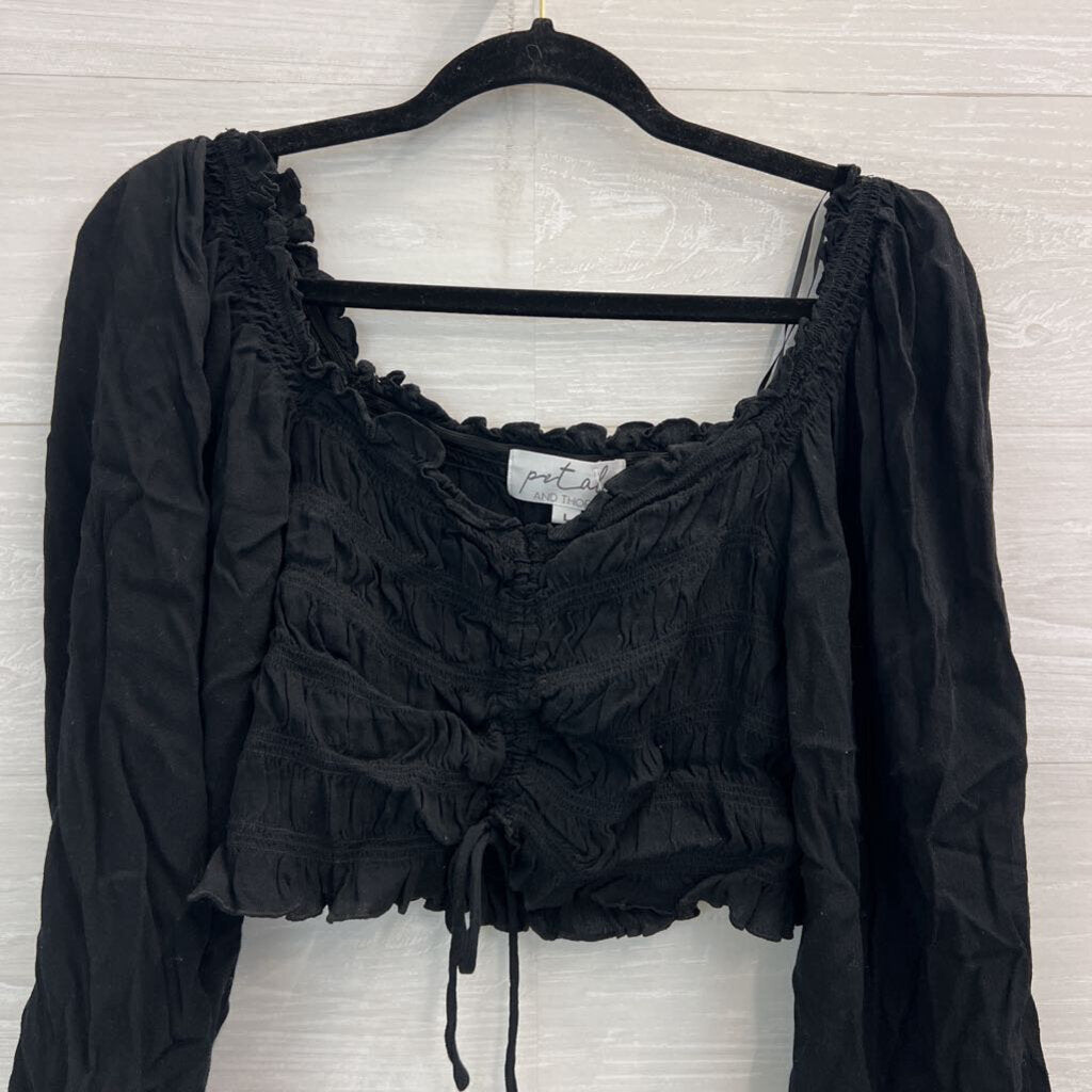 Petal and Thorn Black Smocked Cropped Long Puff Sleeve Top Large
