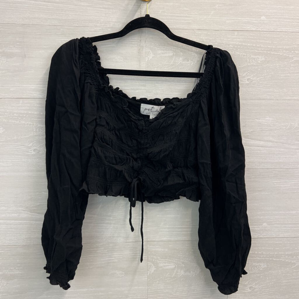 Petal and Thorn Black Smocked Cropped Long Puff Sleeve Top Large