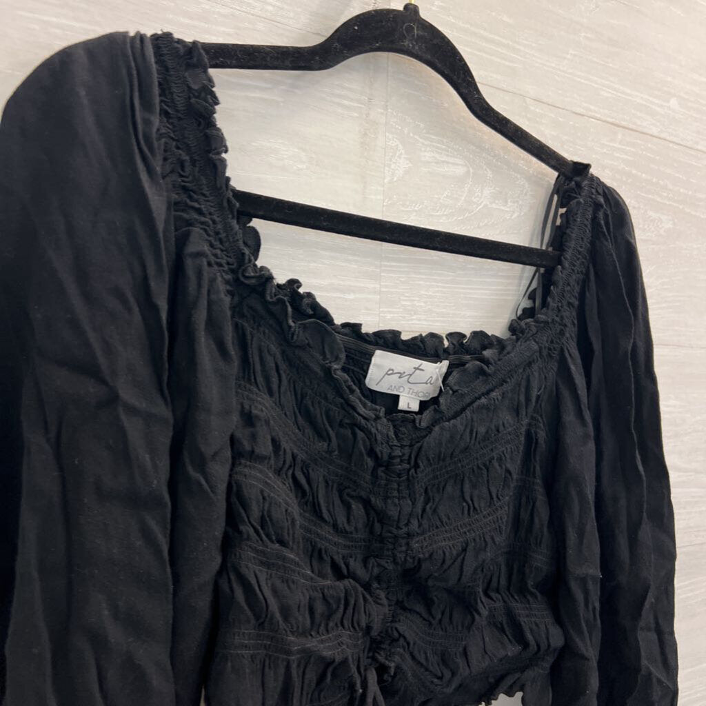Petal and Thorn Black Smocked Cropped Long Puff Sleeve Top Large