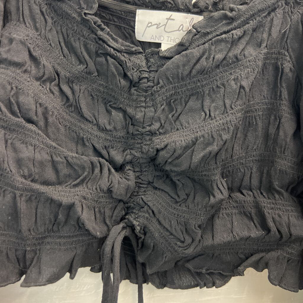 Petal and Thorn Black Smocked Cropped Long Puff Sleeve Top Large