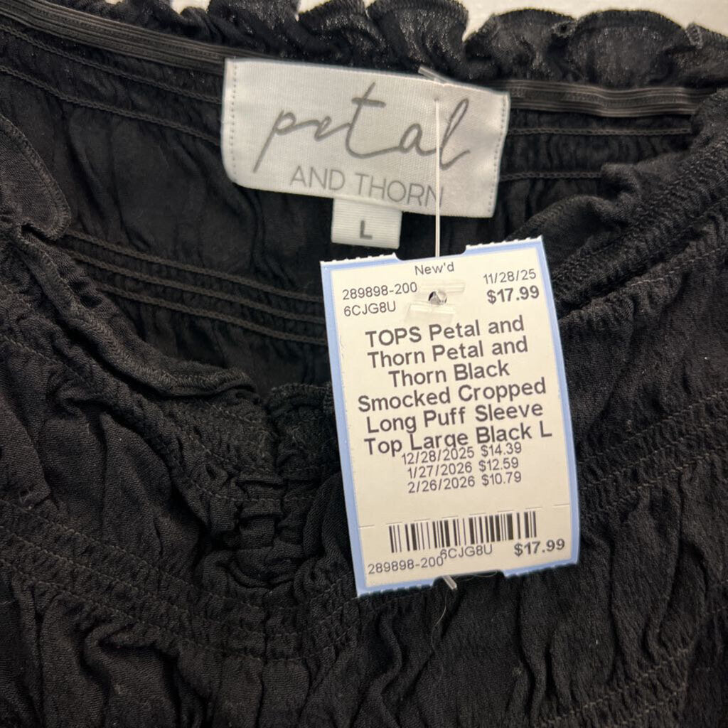 Petal and Thorn Black Smocked Cropped Long Puff Sleeve Top Large