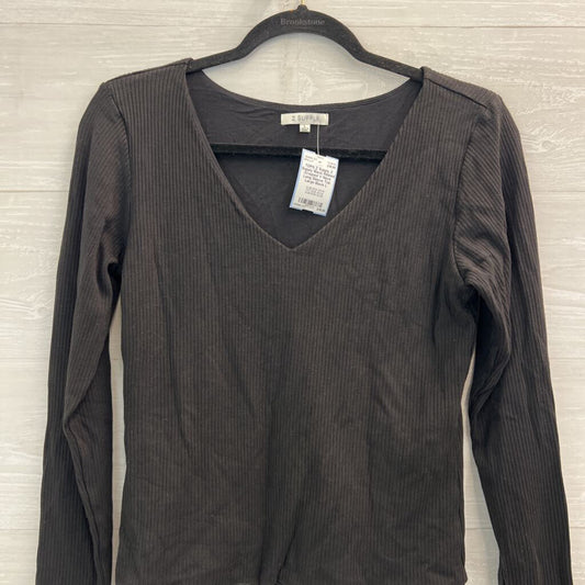 Z Supply Black Ribbed Cropped V Neck Long Sleeve Top Large