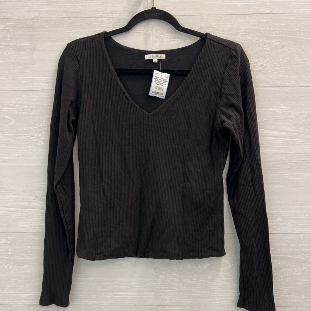 Z Supply Black Ribbed Cropped V Neck Long Sleeve Top Large