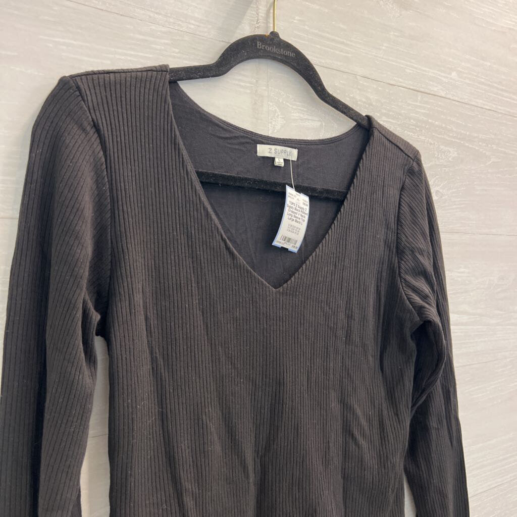 Z Supply Black Ribbed Cropped V Neck Long Sleeve Top Large