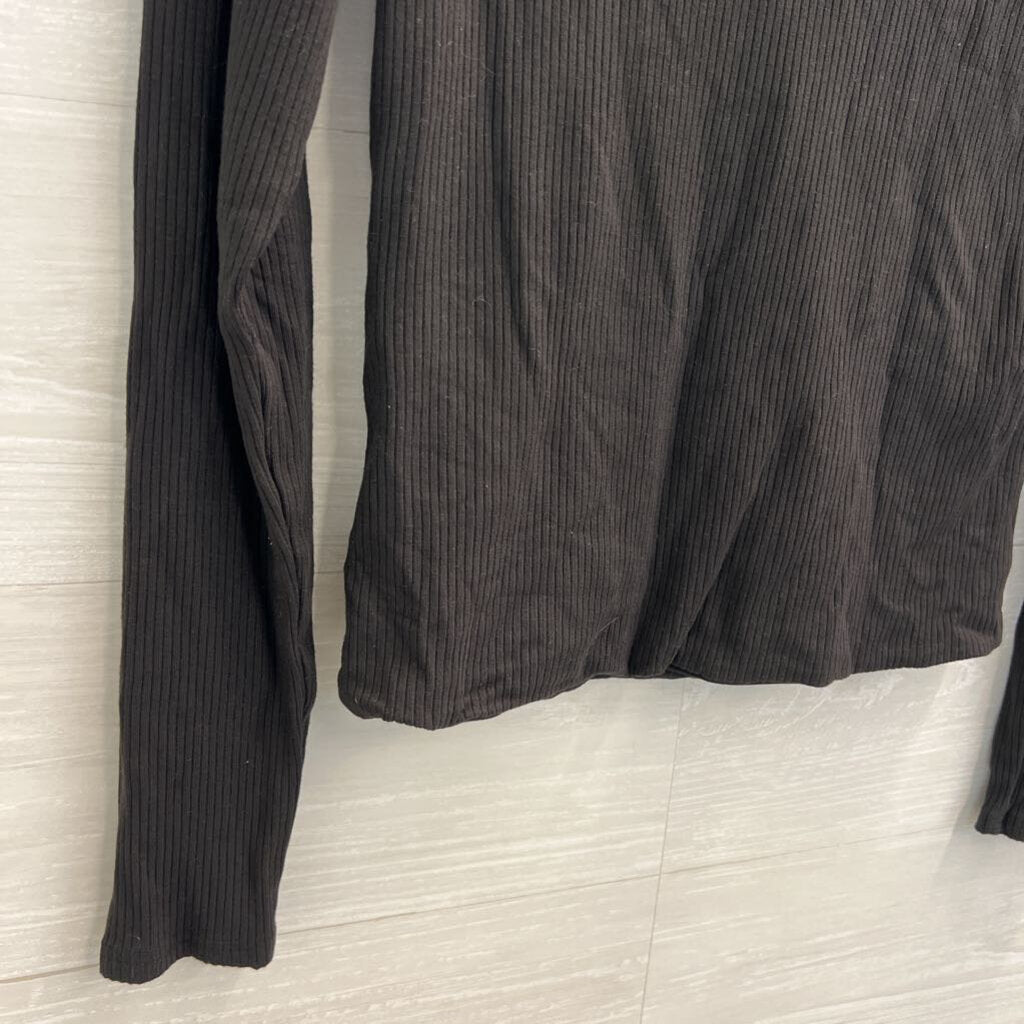 Z Supply Black Ribbed Cropped V Neck Long Sleeve Top Large