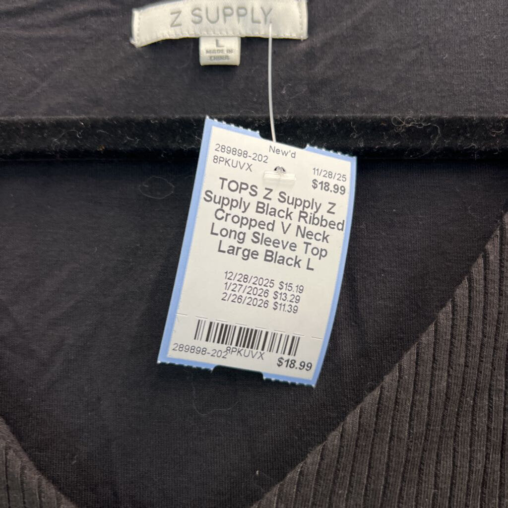 Z Supply Black Ribbed Cropped V Neck Long Sleeve Top Large