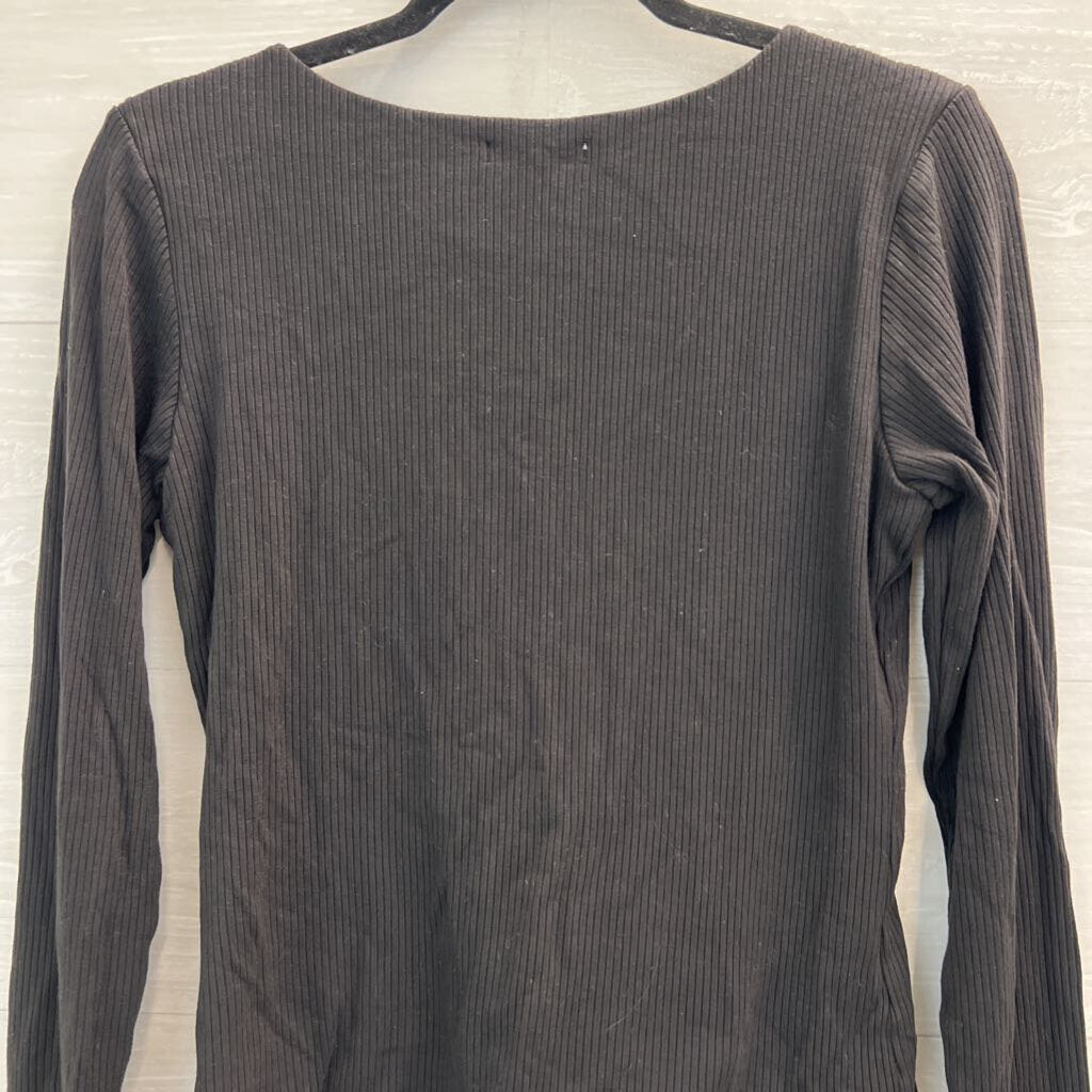 Z Supply Black Ribbed Cropped V Neck Long Sleeve Top Large