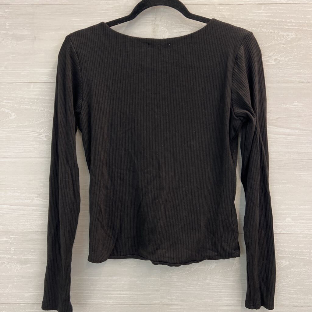 Z Supply Black Ribbed Cropped V Neck Long Sleeve Top Large