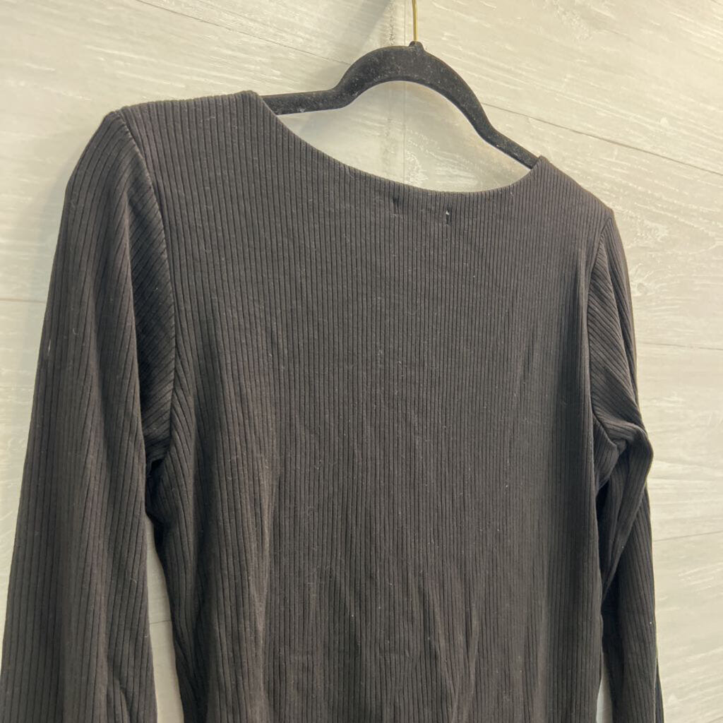 Z Supply Black Ribbed Cropped V Neck Long Sleeve Top Large