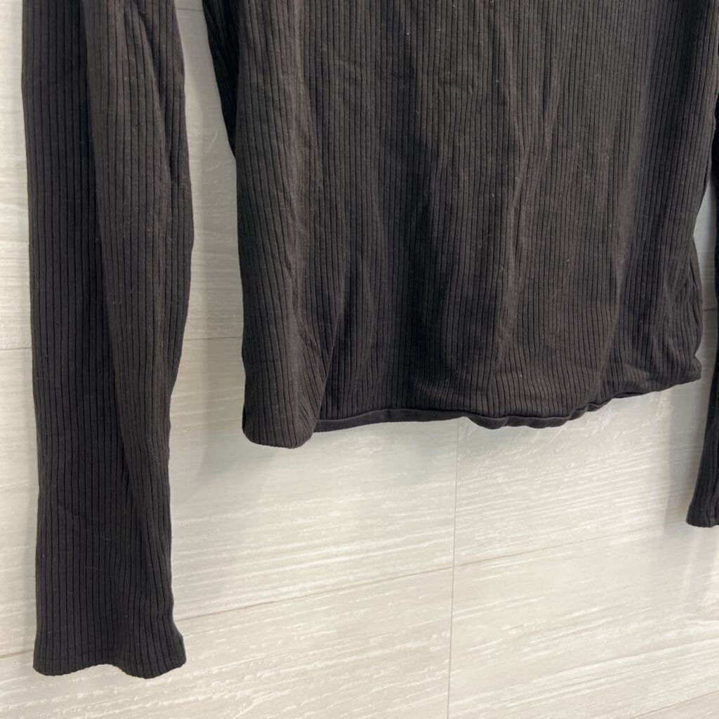 Z Supply Black Ribbed Cropped V Neck Long Sleeve Top Large