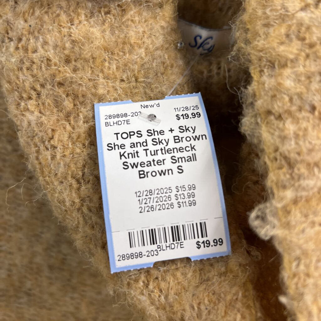 She and Sky Brown Knit Turtleneck Sweater Small