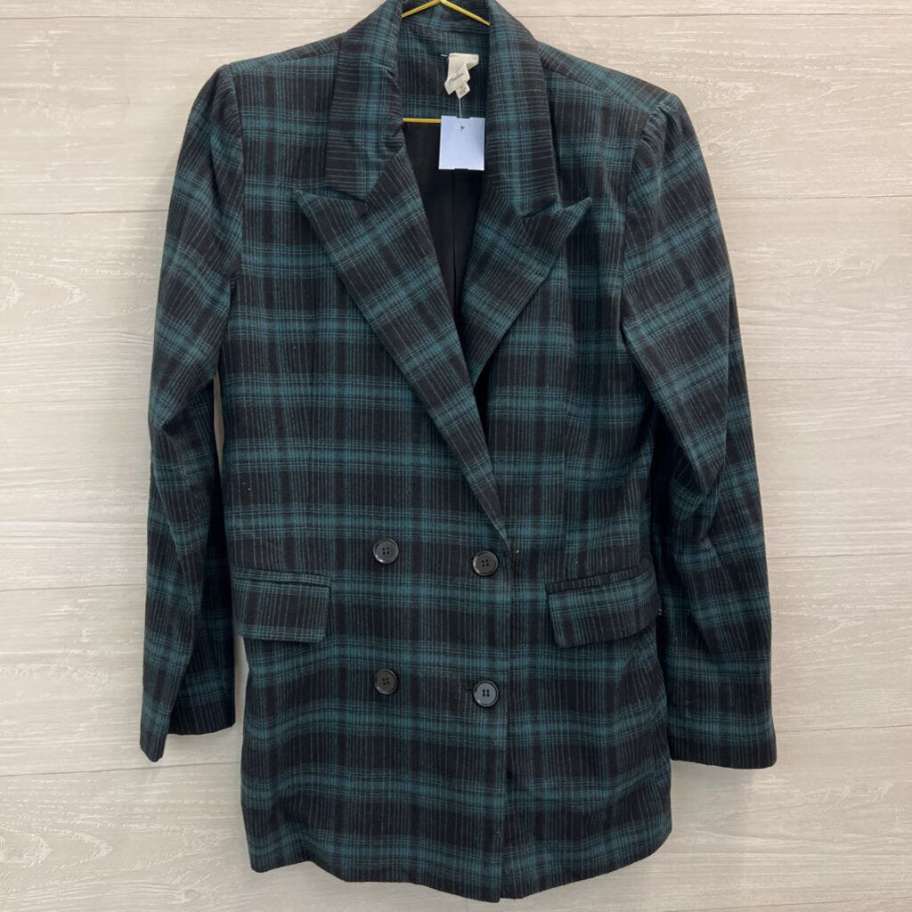Flawless Green/ Navy Plaid Double Breasted Blazer Jacket Medium