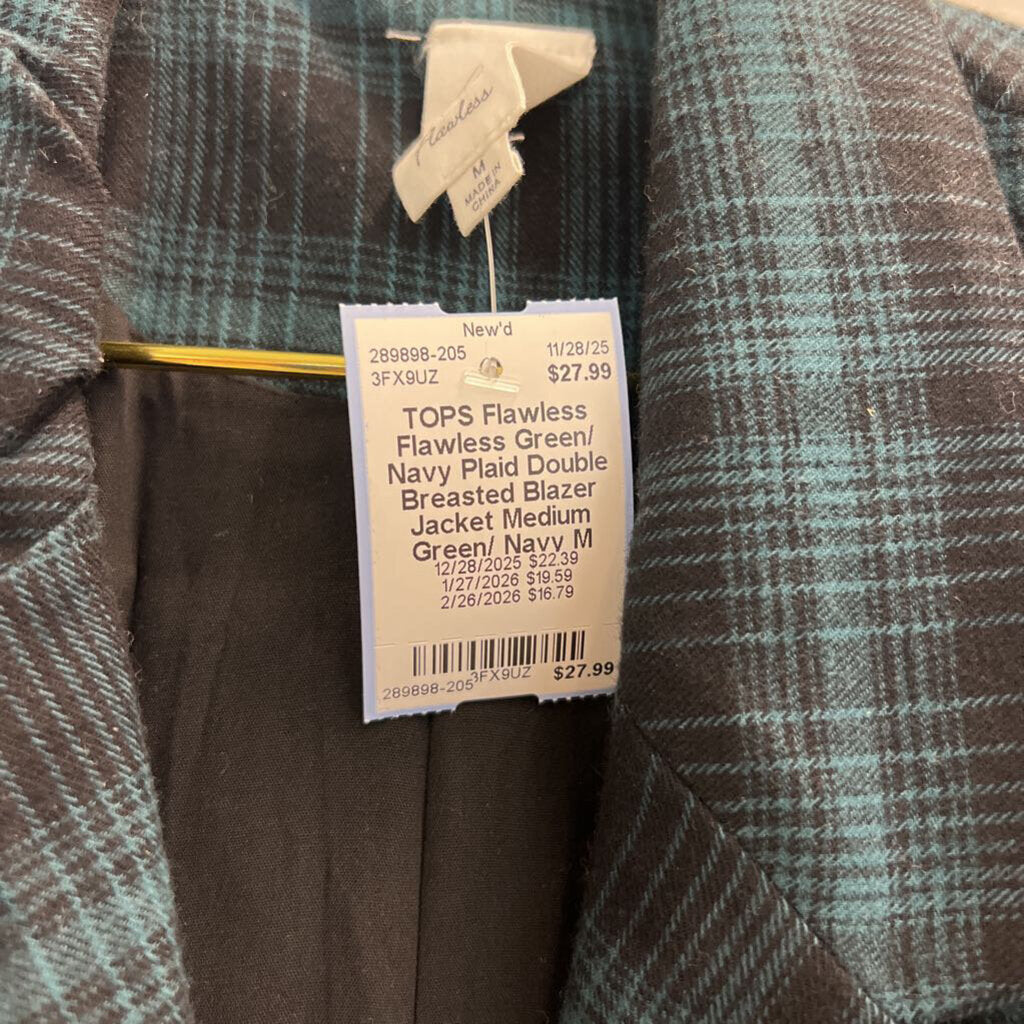 Flawless Green/ Navy Plaid Double Breasted Blazer Jacket Medium