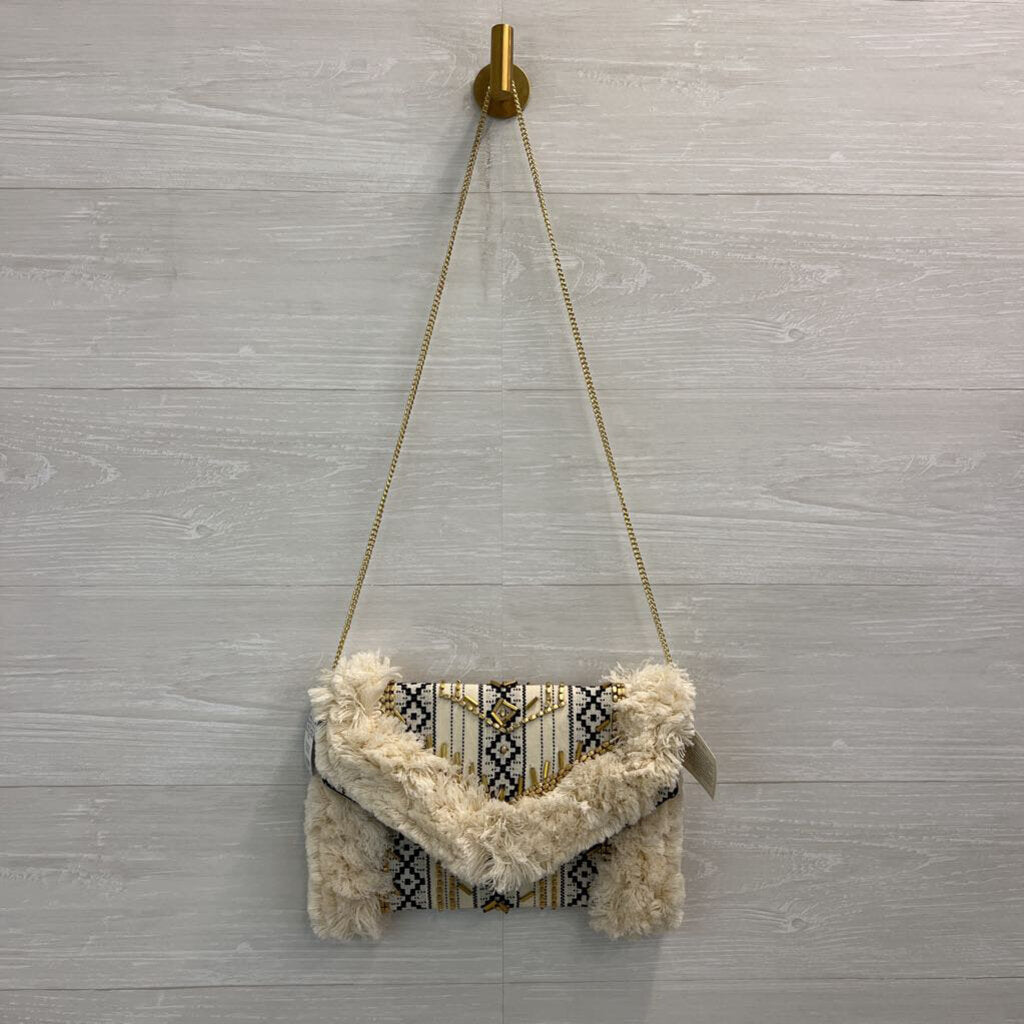 Cream/ Black Woven Fringe Crossbody Purse