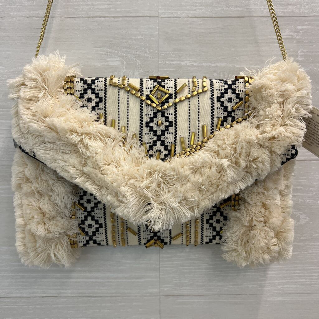 Cream/ Black Woven Fringe Crossbody Purse