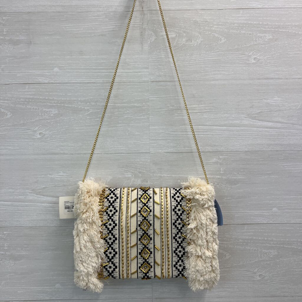 Cream/ Black Woven Fringe Crossbody Purse