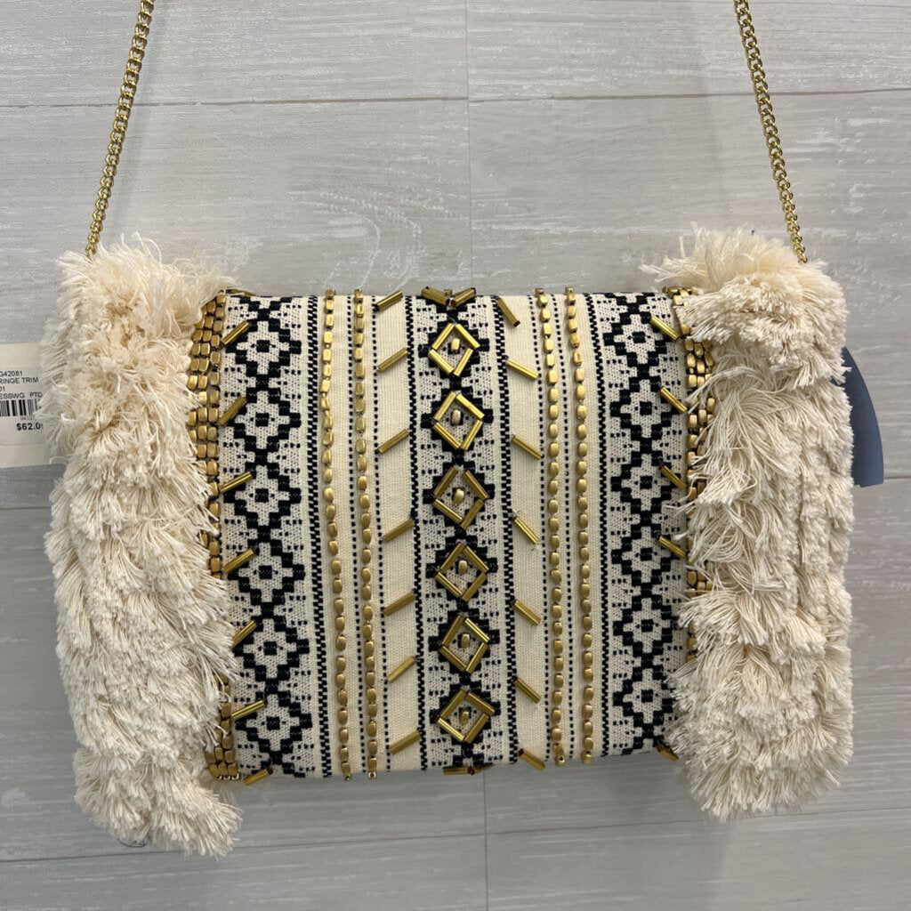 Cream/ Black Woven Fringe Crossbody Purse