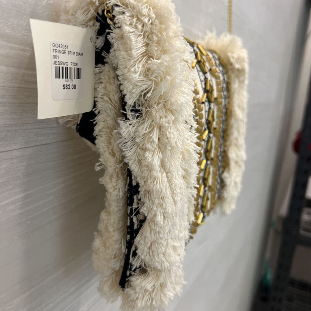 Cream/ Black Woven Fringe Crossbody Purse