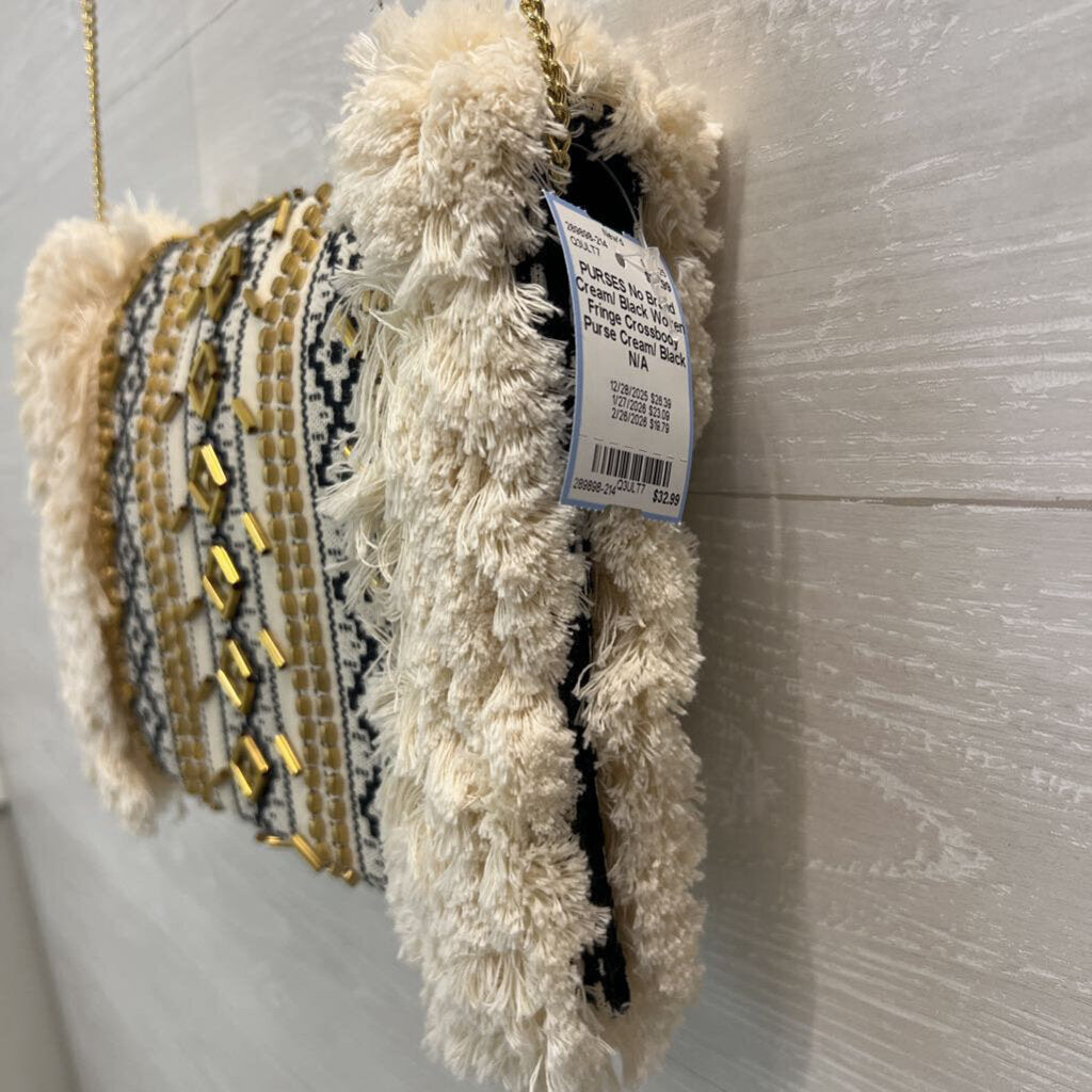 Cream/ Black Woven Fringe Crossbody Purse