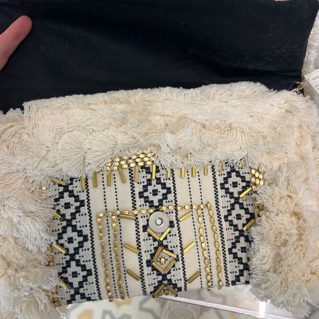 Cream/ Black Woven Fringe Crossbody Purse