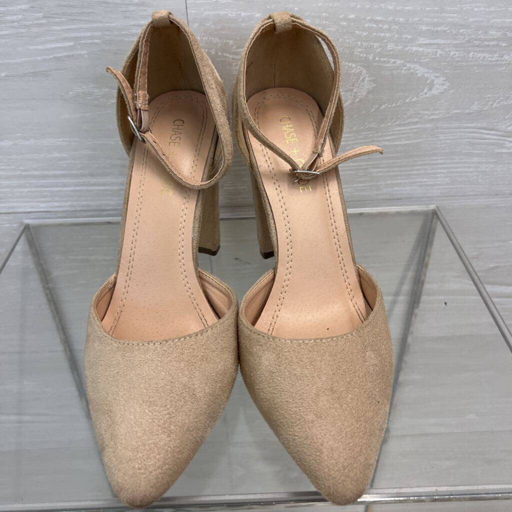Chase and Chloe Beige Suede Pointy Ankle Strap Black Heels 8.5