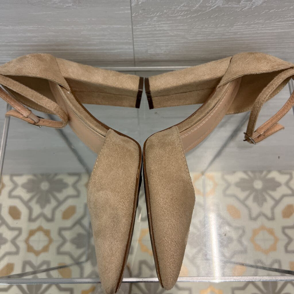 Chase and Chloe Beige Suede Pointy Ankle Strap Black Heels 8.5