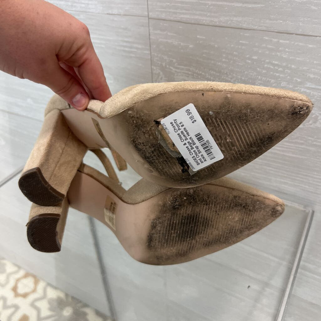 Chase and Chloe Beige Suede Pointy Ankle Strap Black Heels 8.5